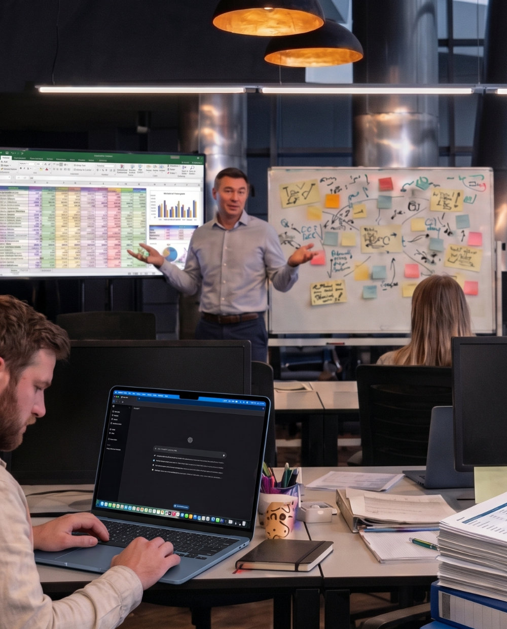 A team buried in manual reports and paperwork while one person already has it figured out on a screen across the room.